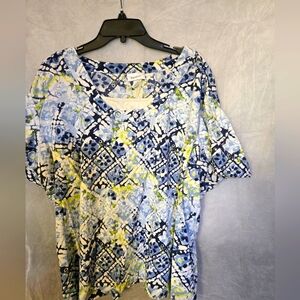 Dressbarn Pullover 22-24 Tunic, Blue and Green over White Print